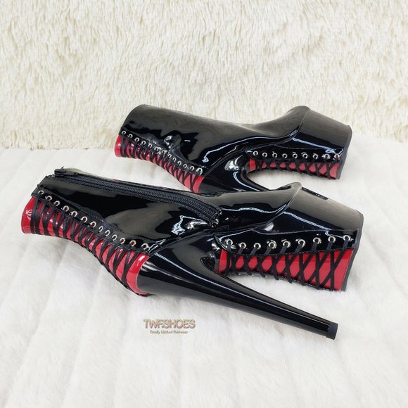 Pleaser Shoes - Size 6 Adore 1025 Corset Ankle Boots 7" High Heel Shoe Black Red Patent
